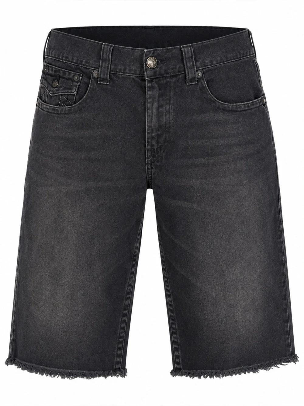 True Religion Straight Flap Black Denim Shorts Raw Hem 36 Faded Grunge Y2K Skate